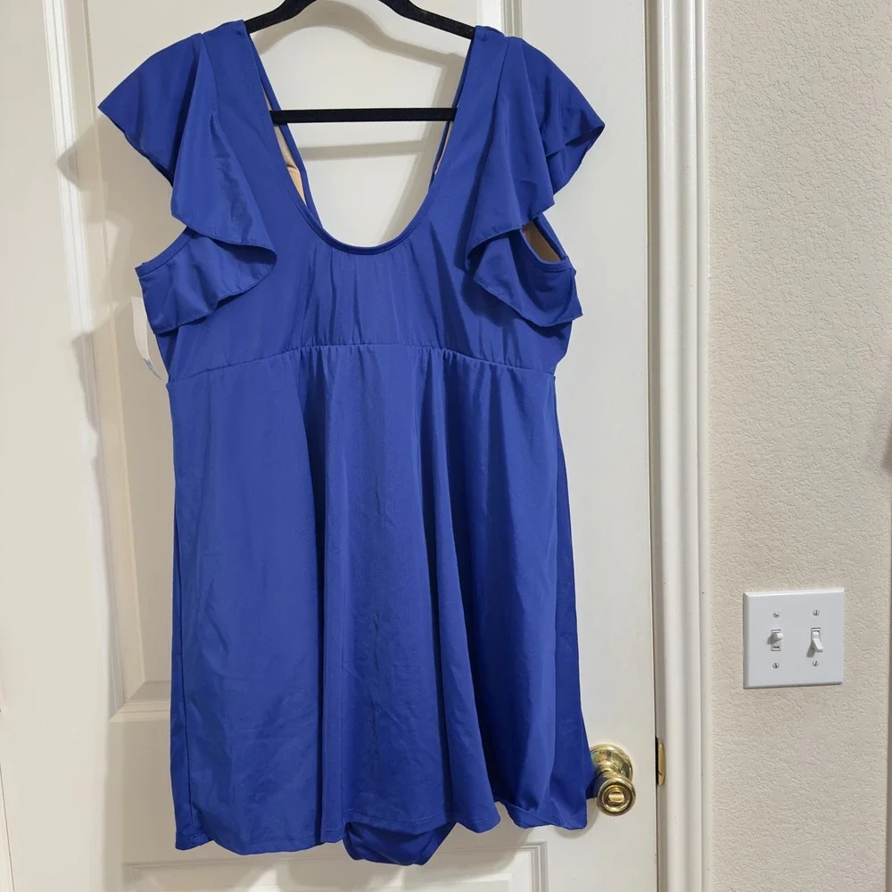 $98 New‎ Cacique Women Royal Blue Ruffle Sleeve Swim Dress One Piece Size 22